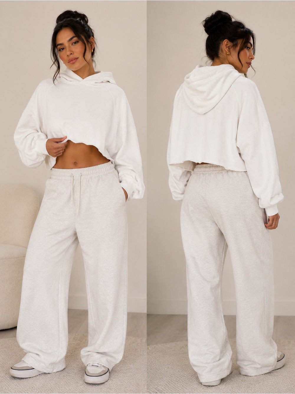 TNA Aritzia Sweatfleece Terry Mega Fit White Cropped Raw Hem Hooded Sweatshirt